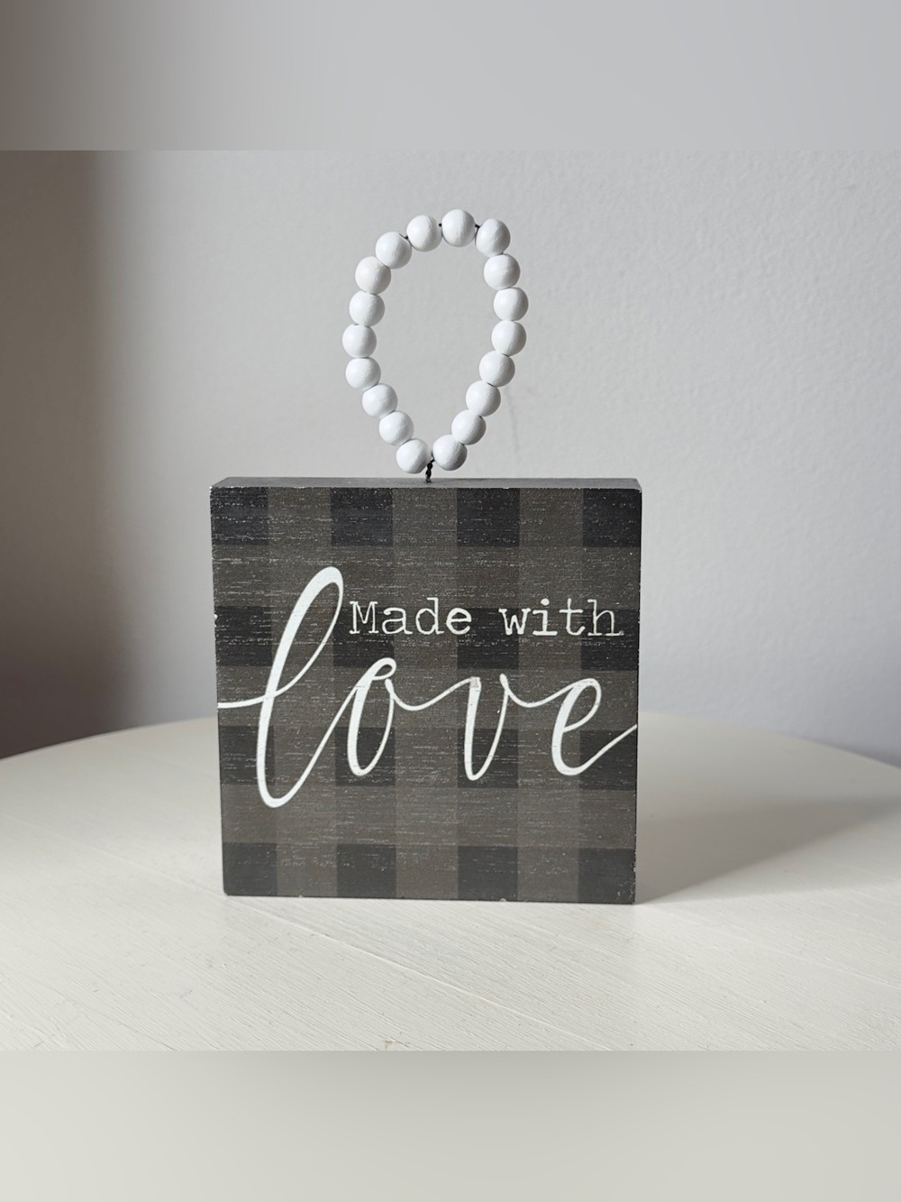 Made With Love Plaid Block Sign With Beaded Hanger